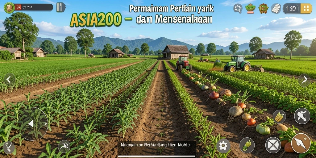 Screenshot gameplay ASIA200 menampilkan ladang yang subur dan beragam tanaman.