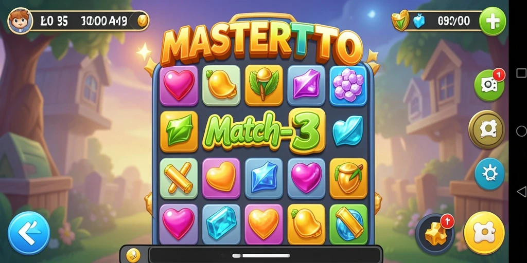 Tangkapan layar MASTERTOTO menampilkan gameplay Match-3 yang seru dan penuh warna.