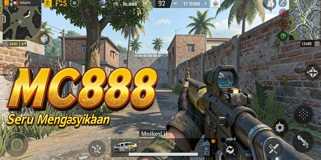 Screenshot gameplay MC888 yang menunjukkan pertempuran FPS yang mendebarkan.