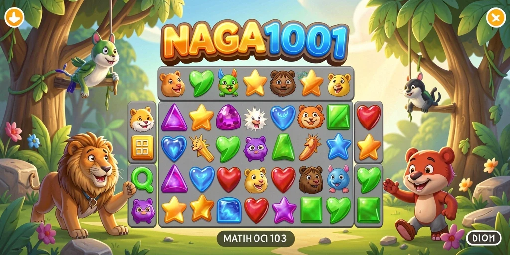 Screenshot gameplay NAGA1001 menampilkan aksi mencocokkan batu permata yang memukau.