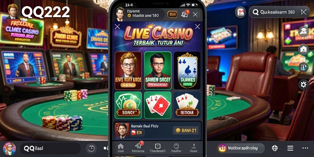 Screenshot QQ222 menampilkan dealer profesional dan gameplay Live Casino yang mendebarkan.