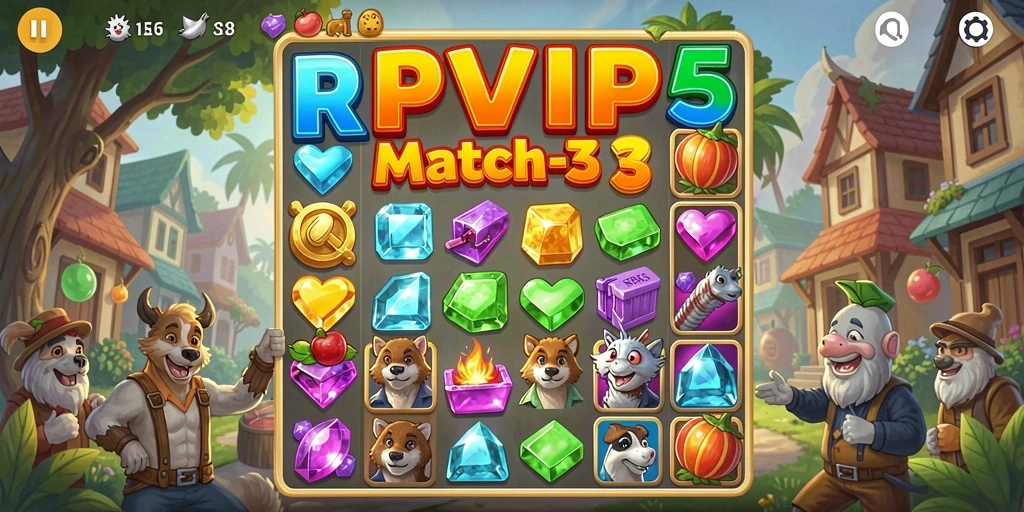 Screenshot utama RPVIP5 menunjukkan gameplay Match-3 yang seru.